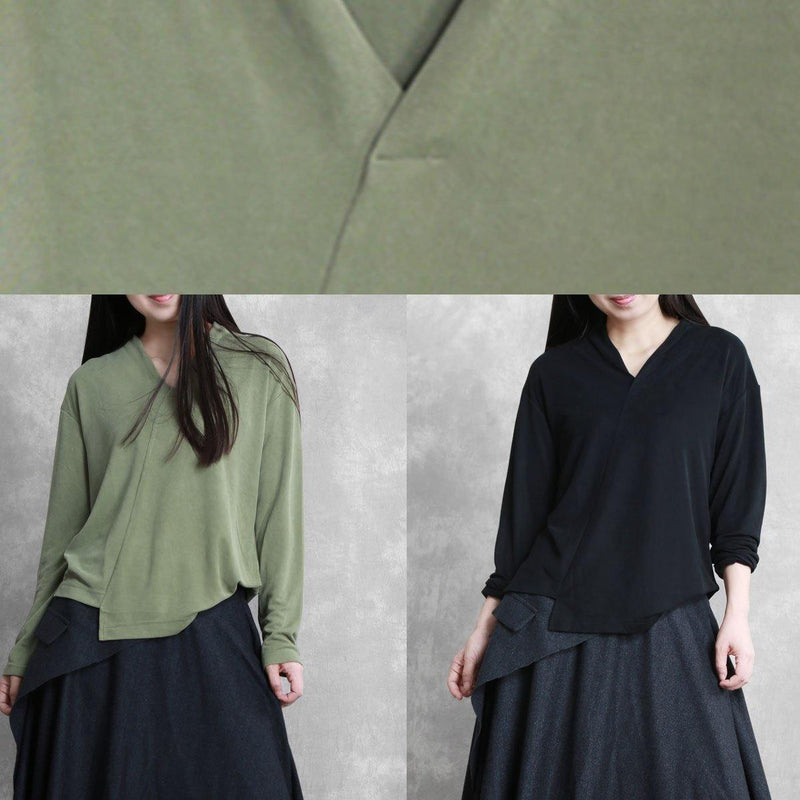 French Green Tunic V Neck Asymmetric Short Blouses
