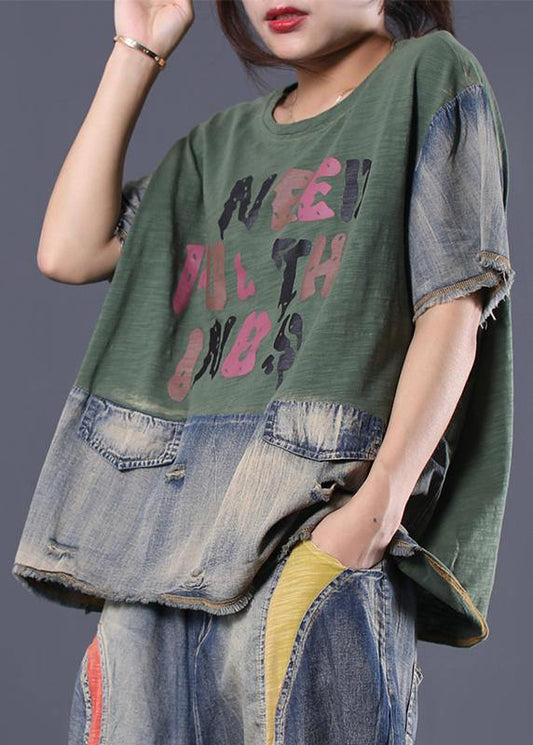 French Green Alphabet Prints Cotton Blouses for Patchwork Cotton Summer Blouses