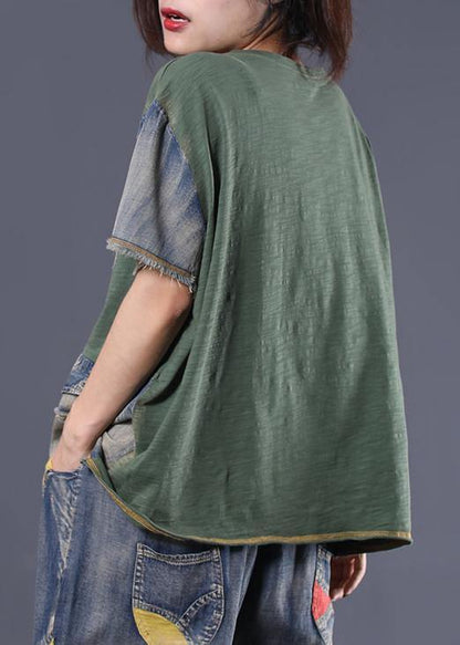 French Green Alphabet Prints Cotton Blouses for Patchwork Cotton Summer Blouses