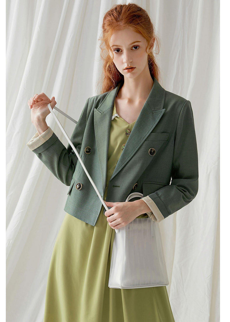 French Green Cotton Crane Double Breast Dresses Fall Blouses Coat
