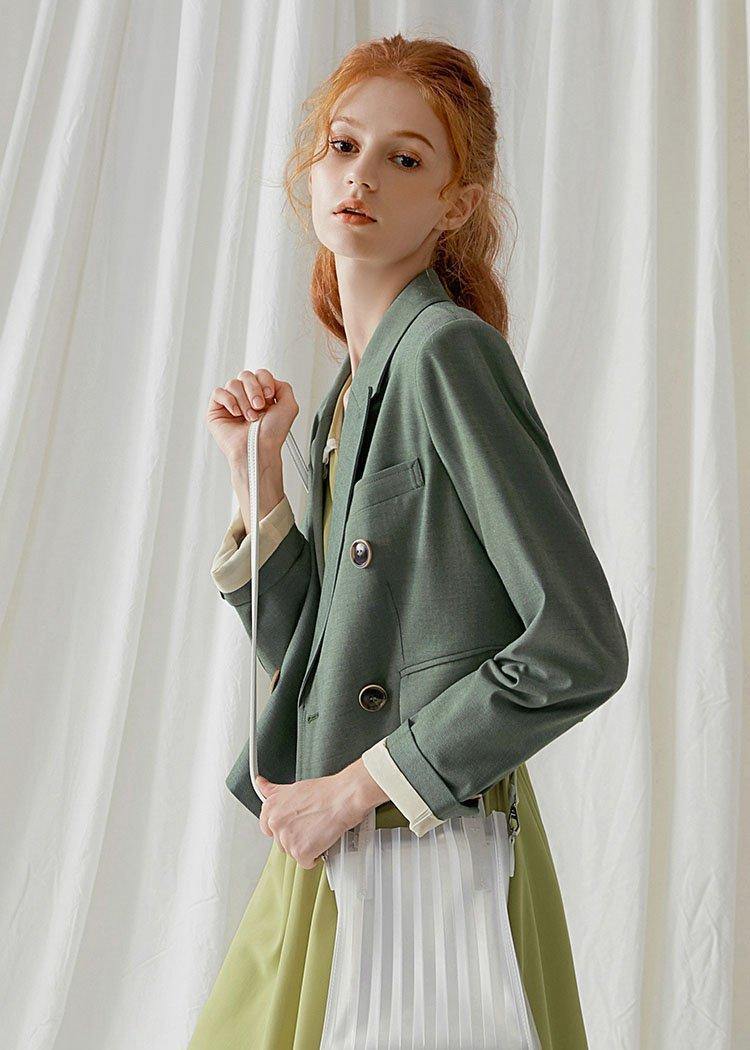 French Green Cotton Crane Double Breast Dresses Fall Blouses Coat