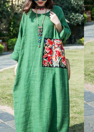 French Green Cotton Linen Clothes O Neck Patchwork Maxi Summer Dresses