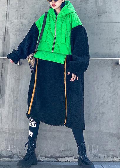 French Green Patchwork Clothes Hooded Zippered Robe Fall Dresses