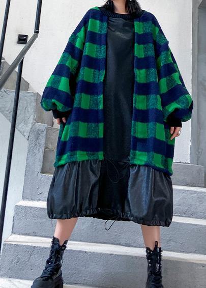 French Green Plaid Cotton Clothes Drawstring Patchwork Dress