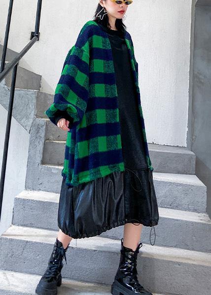 French Green Plaid Cotton Clothes Drawstring Patchwork Dress