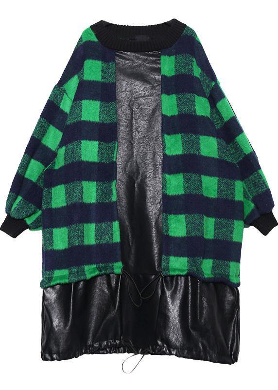 French Green Plaid Cotton Clothes Drawstring Patchwork Dress