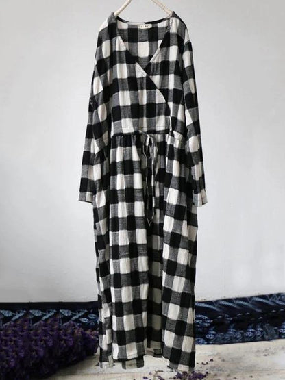French Green Plaid Cotton Dresses V Neck Drawstring Traveling Spring Dresses