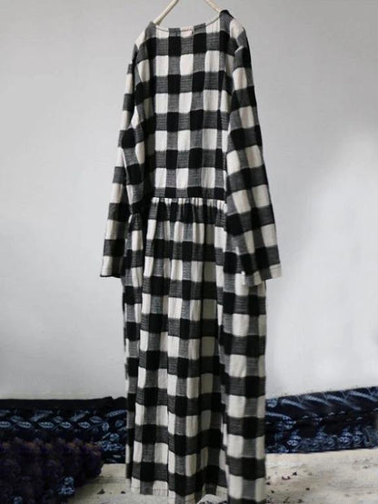 French Green Plaid Cotton Dresses V Neck Drawstring Traveling Spring Dresses