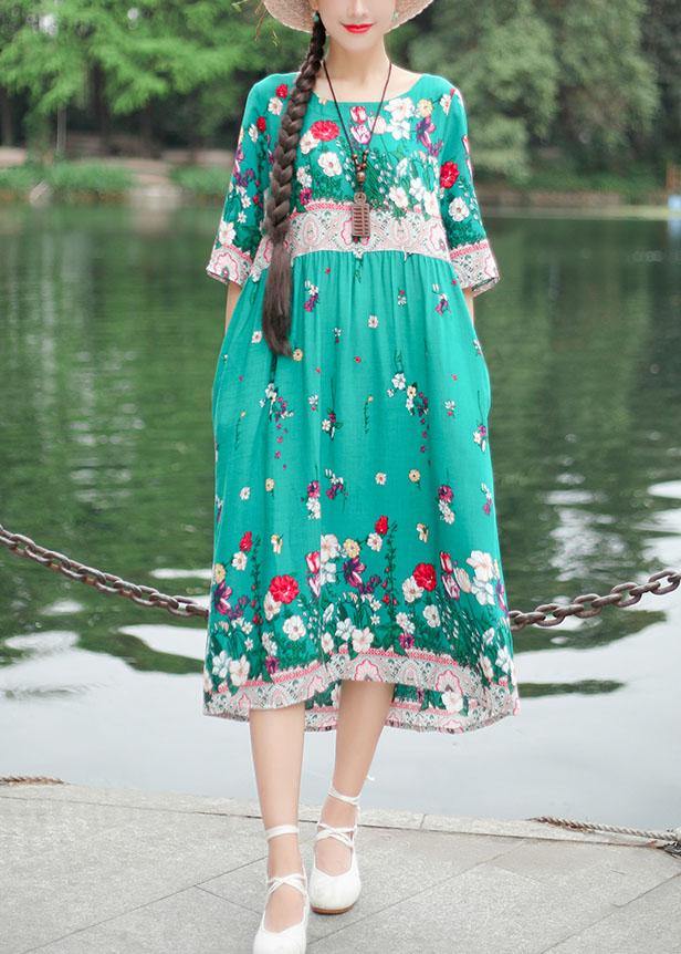 French Green Print Cotton O Neck Half Sleeve Loose Summer Dresses
