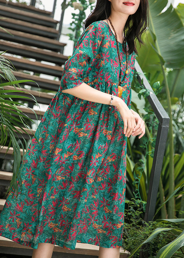 French Green Print Linen Robes Omychic Pattern O Neck Cinched Cotton Summer Dress