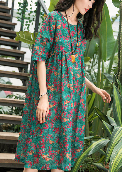 French Green Print Linen Robes Omychic Pattern O Neck Cinched Cotton Summer Dress