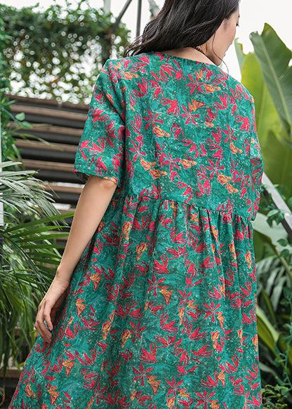 French Green Print Linen Robes Omychic Pattern O Neck Cinched Cotton Summer Dress