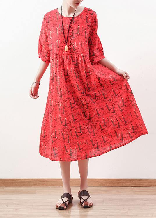 French Half Sleeve Cotton Linen Clothes for Pattern Red Dress Summer