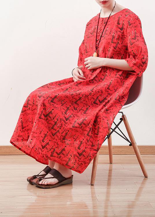 French Half Sleeve Cotton Linen Clothes for Pattern Red Dress Summer
