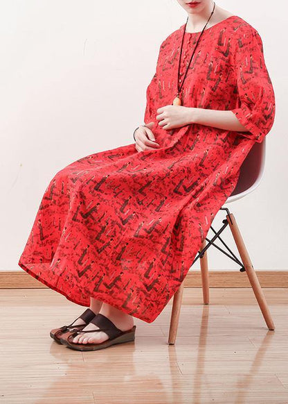 French Half Sleeve Cotton Linen Clothes for Pattern Red Dress Summer