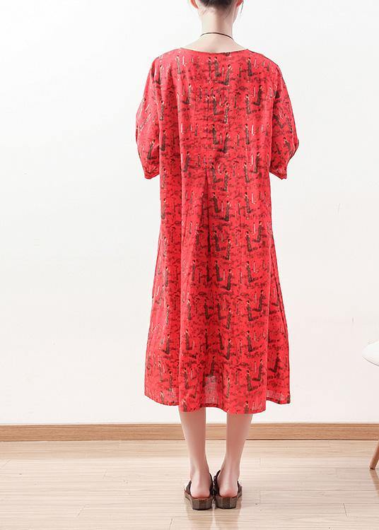 French Half Sleeve Cotton Linen Clothes for Pattern Red Dress Summer