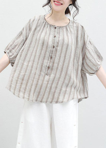 French Half Sleeve Linen Blouse Sewing Summer Shirt Khaki Striped
