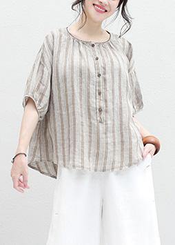 French Half Sleeve Linen Blouse Sewing Summer Shirt Khaki Striped