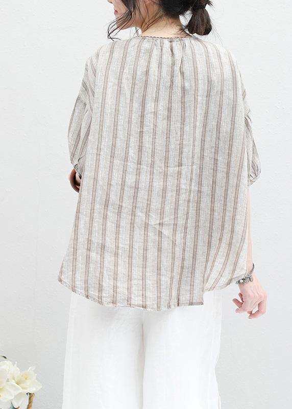 French Half Sleeve Linen Blouse Sewing Summer Shirt Khaki Striped
