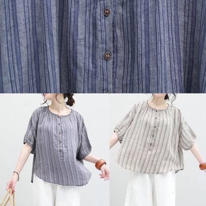 French Half Sleeve Linen Blouse Sewing Summer Shirt Khaki Striped