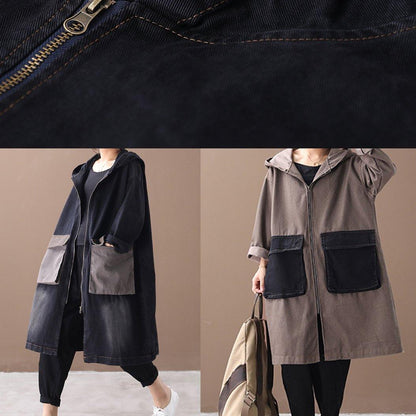 French Hooded Large Pockets Fine Tunics for Denim Khaki Knee Winter Outwear