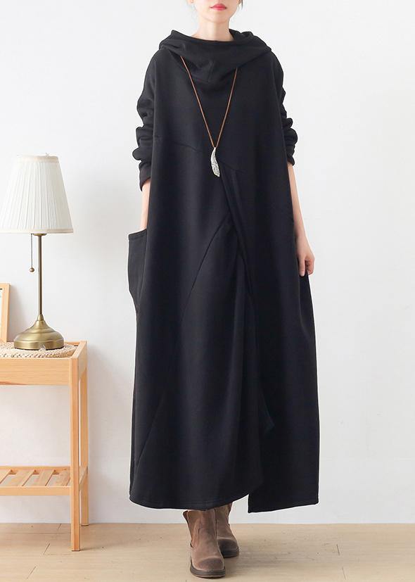 French Hooded Asymmetric Tunic Catwalk Black Kaftan Dresses