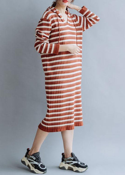 French Hooded Cotton Tunics Wardrobes Red Striped Loose Dresses Fall