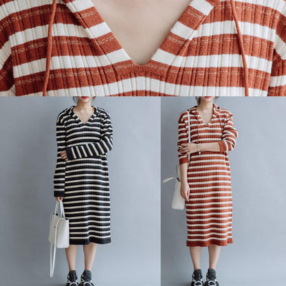 French Hooded Cotton Tunics Wardrobes Red Striped Loose Dresses Fall