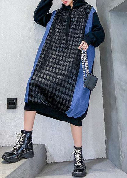 French Hooded Cotton Patchwork Clothes Runway Black Dresses