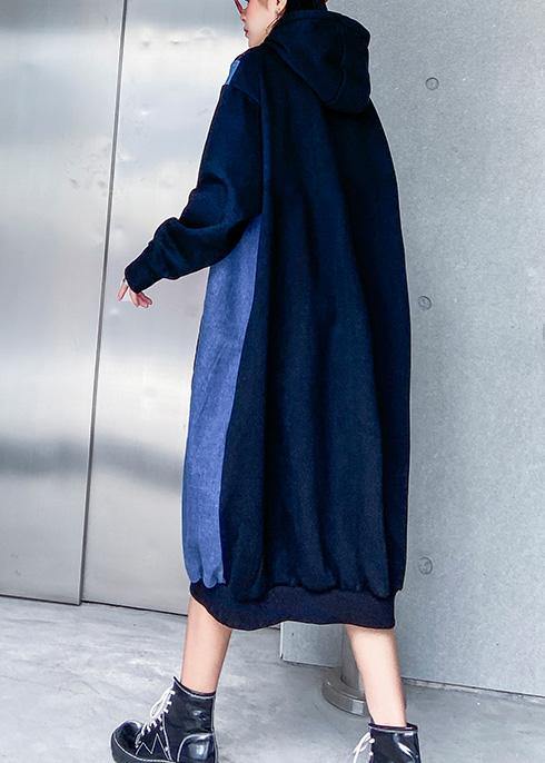 French Hooded Cotton Patchwork Clothes Runway Black Dresses