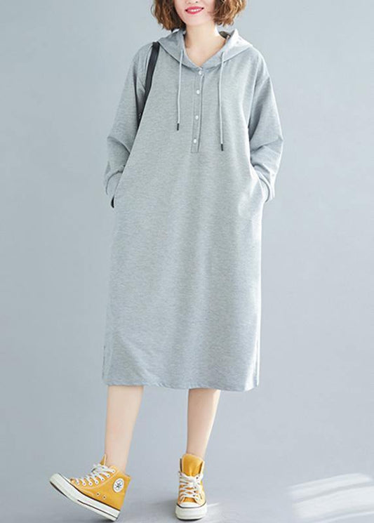French Hooded Drawstring Cotton Spring Tunics Gray Dresses