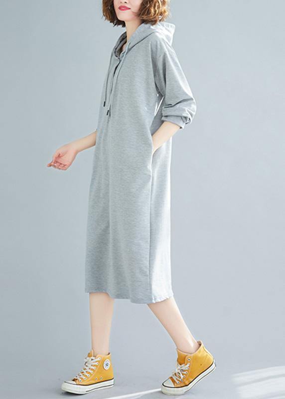 French Hooded Drawstring Cotton Spring Tunics Gray Dresses
