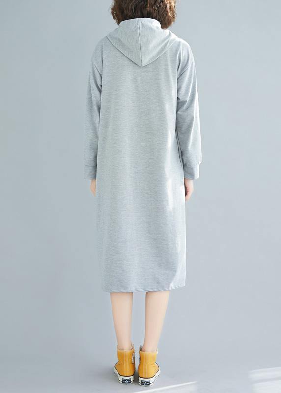 French Hooded Drawstring Cotton Spring Tunics Gray Dresses