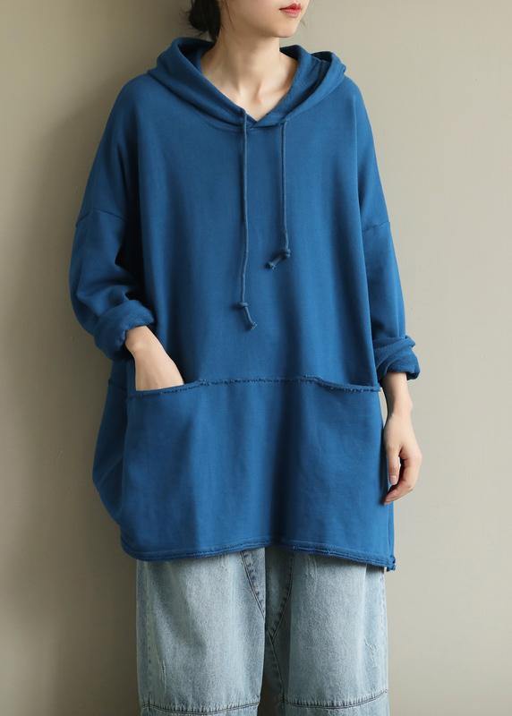 French Hooded Drawstring Fall Clothes for Ideas Blue Blouse