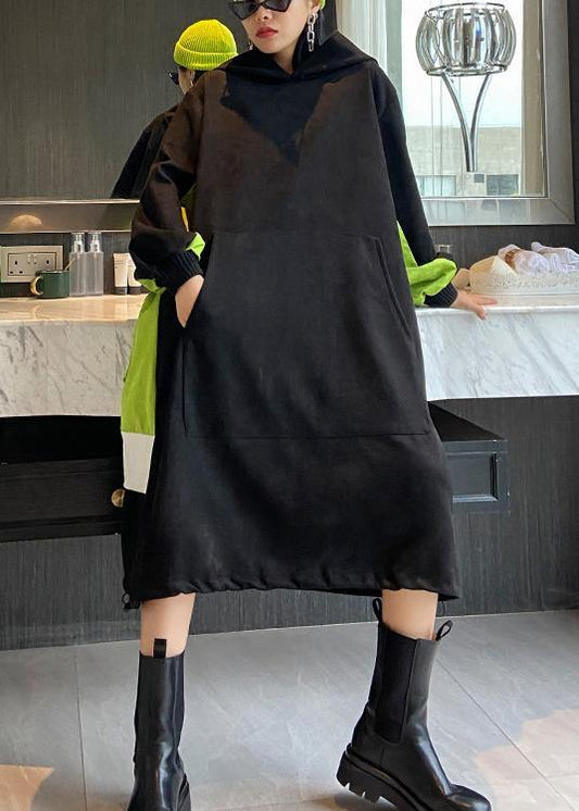 French Hooded Patchwork Long Dress Outfits Black Dress
