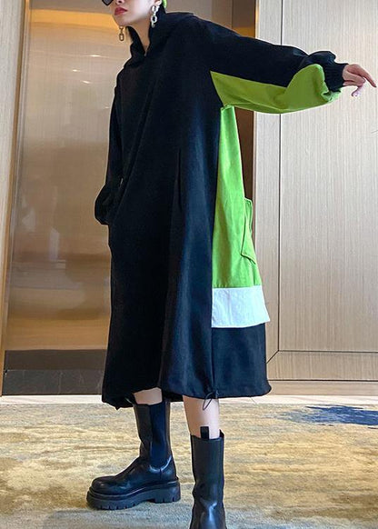 French Hooded Patchwork Long Dress Outfits Black Dress