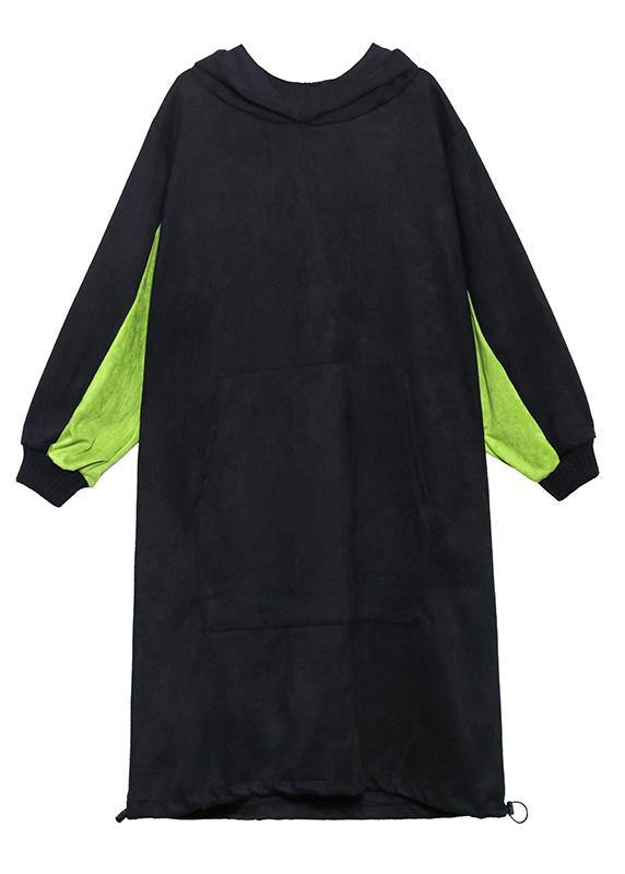 French Hooded Patchwork Long Dress Outfits Black Dress