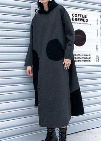 French Hooded Patchwork Cotton Fall Dresses Sewing Black Cotton Dress