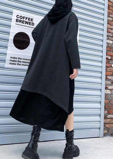 French Hooded Patchwork Cotton Fall Dresses Sewing Black Cotton Dress