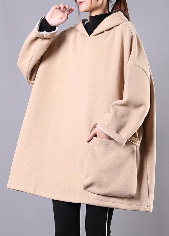 French Hooded Thick Cotton Linen Tops Khaki Shirt