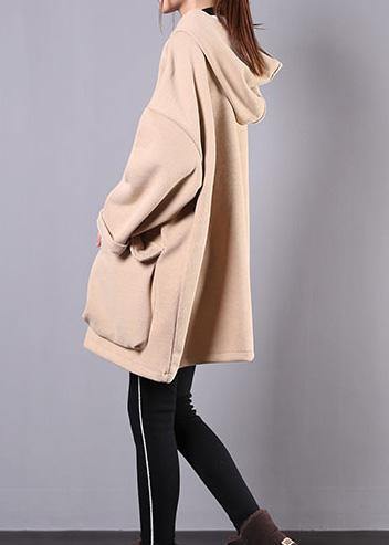 French Hooded Thick Cotton Linen Tops Khaki Shirt