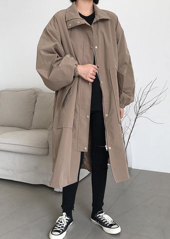 French Khaki Fine Maxi Coat Wardrobes Zippered Lapel Collar Coats