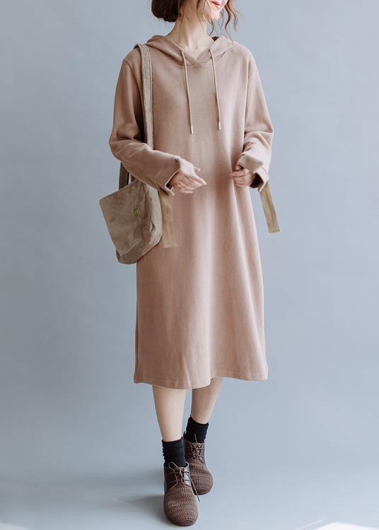 French Khaki Tunic Pattern Hooded Patchwork Long Fall Dress