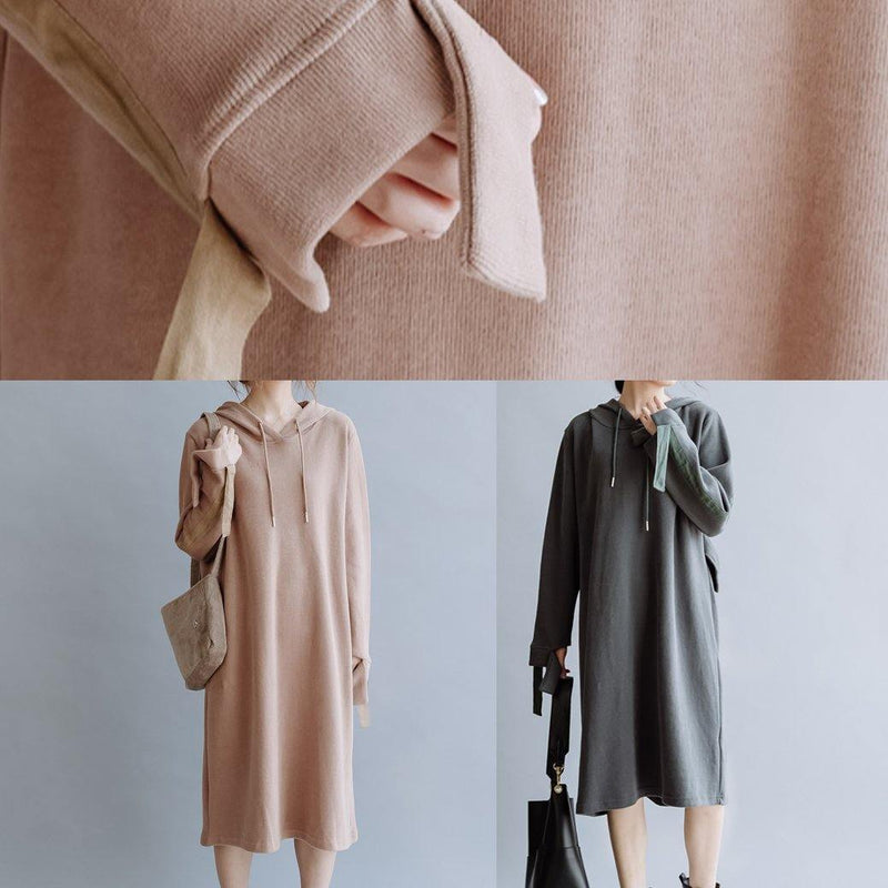 French Khaki Tunic Pattern Hooded Patchwork Long Fall Dress