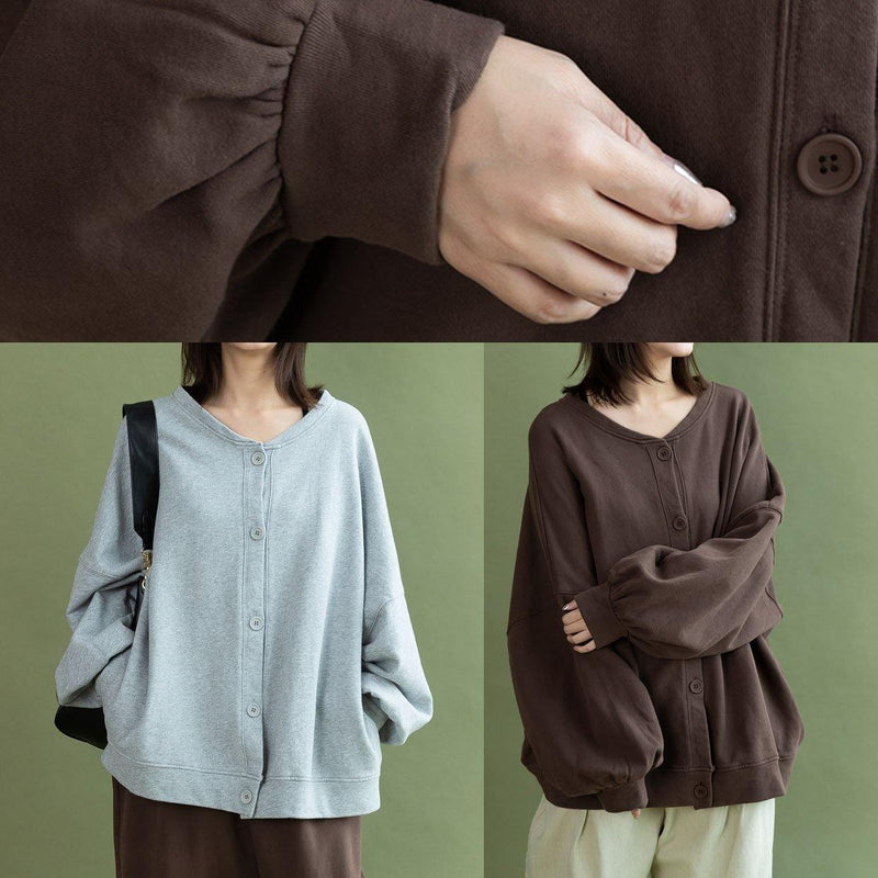French Lantern Sleeve Button Down Cotton Tops Design Chocolate Shirt Fall
