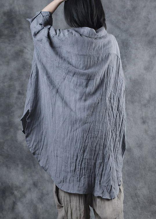 French Lapel Batwing Sleeve Linen Tunic Pattern Sewing Gray Blouse