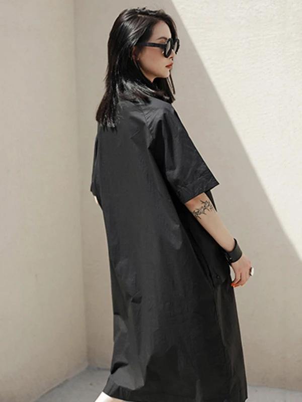 French Lapel Large Poeckets Cotton Summer Dresses Photography Black Dresses