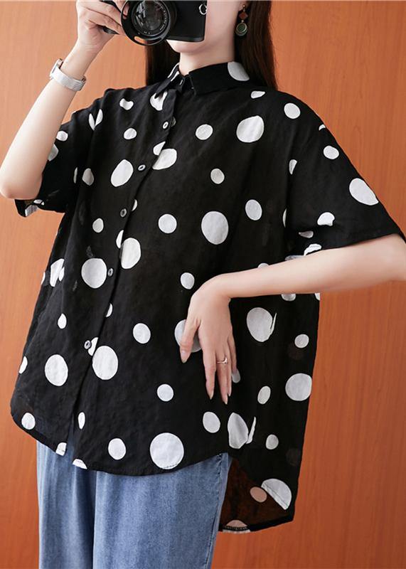 French Lapel Asymmetric Chiffon Tunic Top Black Dotted Daily Blouses