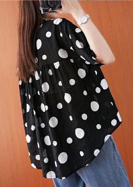 French Lapel Asymmetric Chiffon Tunic Top Black Dotted Daily Blouses