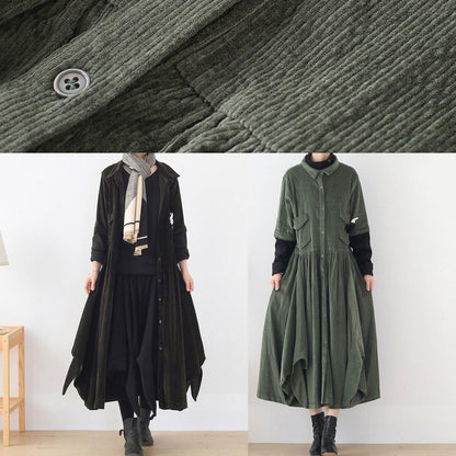 French Lapel False Two Pieces Clothes Army Green Kaftan Dress